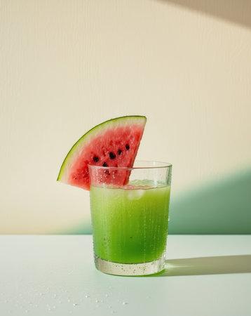 AI Generated. Refreshing summer drink with a slice of juicy watermelon on topの素材