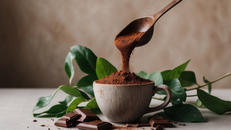AI Generated. Rich chocolate powder in wooden cup with leaves and chocolate piecesの素材