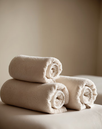 AI Generated. Rolled Spa Towels On A Soft Massage Tableの素材