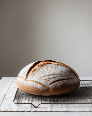 AI Generated. Round Loaf of Sourdough Bread on Cooling Rackの素材