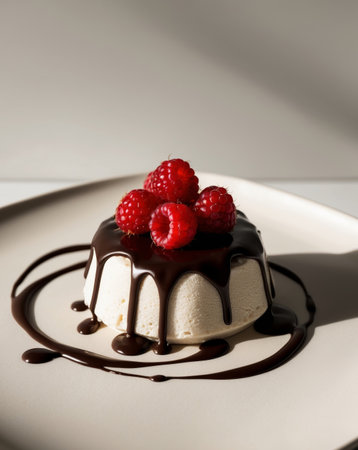 AI Generated. A dessert with chocolate sauce and raspberries on topの素材