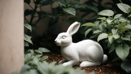 AI Generated. A cute white stone rabbit statue in the gardenの素材