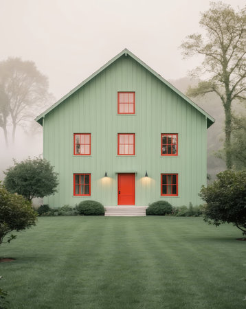 AI Generated. A large green house with a red door and windowsの素材