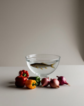 AI Generated. A fish is in a bowl with peppers and onionsの素材