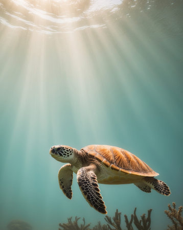 AI Generated. Sea Turtle Swimming Through Sunlit Ocean Depthsの素材