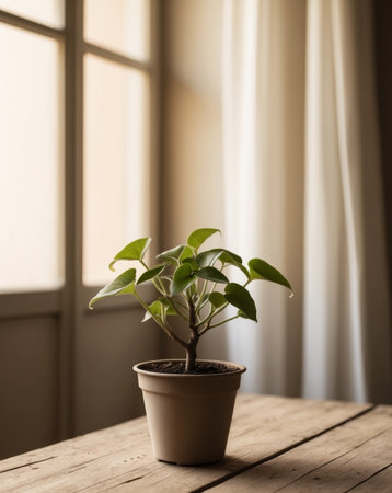 AI Generated. Small potted plant sits on wooden surface near windowの素材