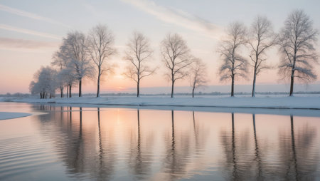 AI Generated. Serene Winter Sunset Snow Covered Trees Reflected in Calm Waterの素材