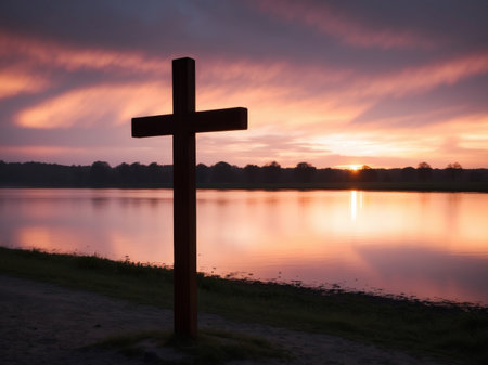 AI Generated. Silhouette of wooden Christian cross on river lake during sunsetの素材