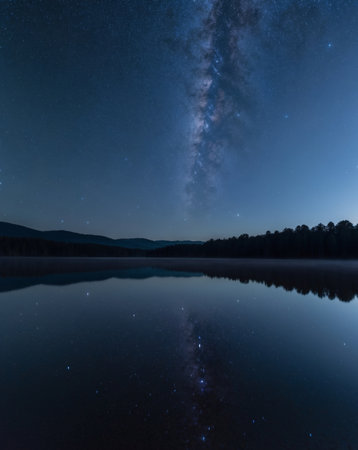 AI Generated. Starry night sky reflected in a calm lakeの素材