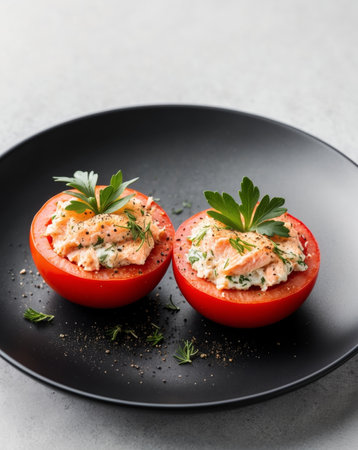 AI Generated. Stuffed tomatoes reveal a creamy salmon and herb filling topped with pepper and fresh herbs on a black plateの素材