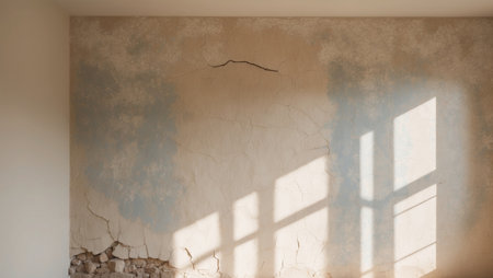 AI Generated. The sunlit room features a cracked plaster wall showcasing a blend of beige and blue shadesの素材