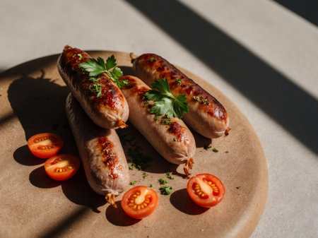AI Generated. Three Delicious Smoked Sausages Garnished with Parsley and Cherry Tomatoesの素材