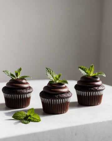 AI Generated. Three chocolate cupcakes with mint leaves on topの素材
