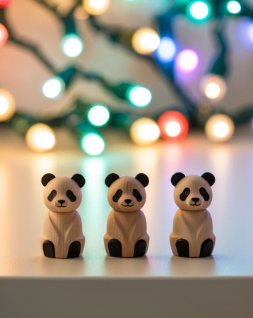 AI Generated. Three wooden miniature panda figurines on festive lights backgroundの素材