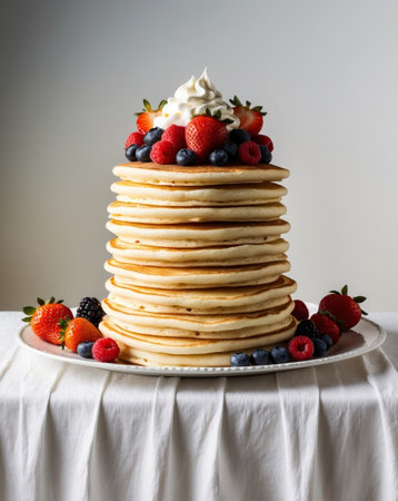 AI Generated. Tower of Pancakes Topped with Fresh Berries and Cream on Buffet Tableの素材