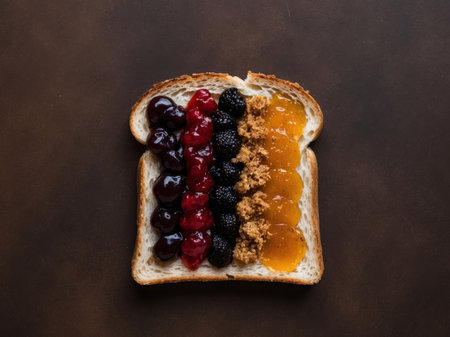 AI Generated. Toasted bread slice with assorted fruit preserves and jams spread on a dark background surfaceの素材