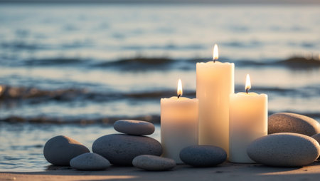 AI Generated. Tranquil stones and candles by the water at sunriseの素材