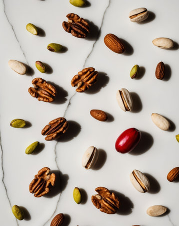 AI Generated. Various colored nuts on a white marble backgroundの素材