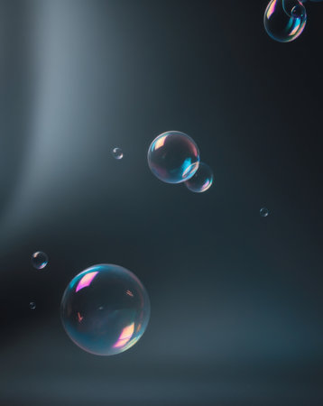 AI Generated. Vibrant Bubbles Float In A Dark Blue Spaceの素材