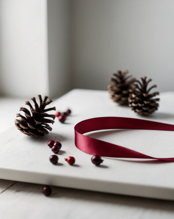 AI Generated. A red ribbon is laying on a white surface with pine cones and berriesの素材