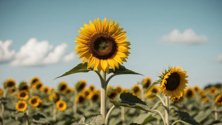 AI Generated. A single sunflower stands tall in a field of sunflowers on a sunny dayの素材