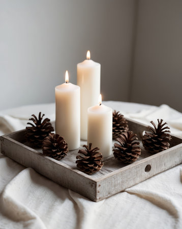 AI Generated. A wooden tray with candles and pine cones on itの素材