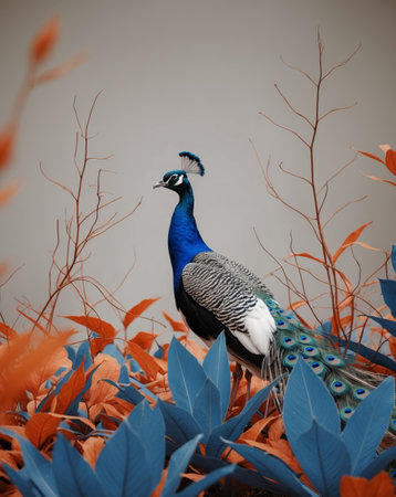 AI Generated. a blue and white peacock with orange and blue leavesの素材
