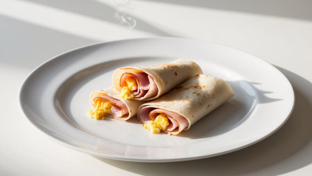 AI Generated. A black plate topped with two crepes filled with ham and eggsの素材