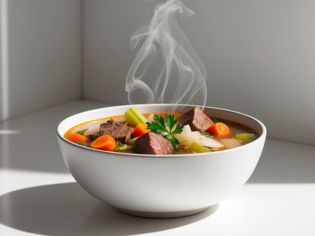 AI Generated. A bowl of hot soup filled with meat and vegetablesの素材