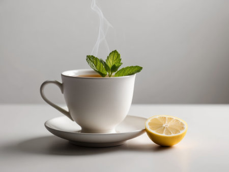 AI Generated. a cup of tea with lemons and mint leavesの素材