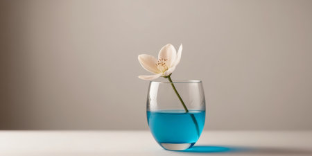 AI Generated. A glass of blue liquid with a flower on topの素材