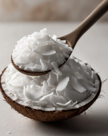 AI Generated. Coconut flakes in wooden spoon closeup viewの素材