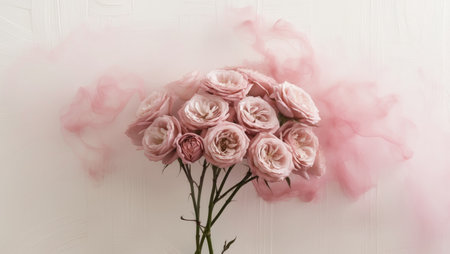 AI Generated. Cluster of roses emerging from soft pink fogの素材