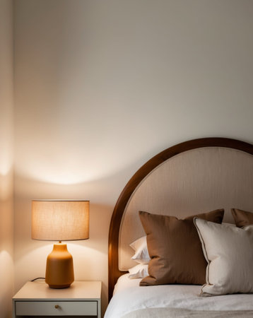 AI Generated. Cozy bedroom with a stylish headboard and warm bedside lamp in a serene settingの素材