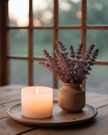 AI Generated. Cozy evening setup with a glowing candle next to lavender flowers on a wooden table by a windowの素材