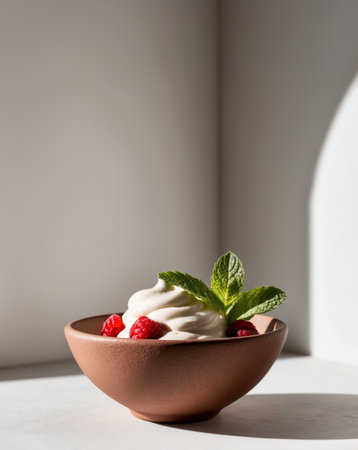 AI Generated. Creamy Raspberry Dessert in a Brown Bowl with Mint Garnishの素材