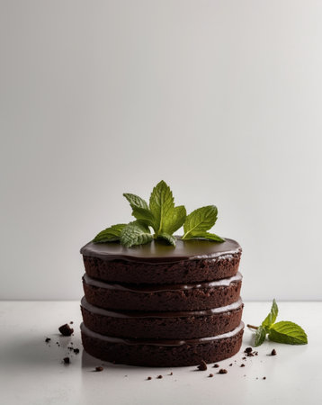 AI Generated. Decadent Chocolate Layered Cake with Mint Garnishの素材