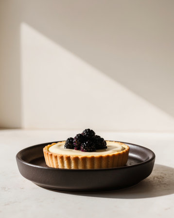AI Generated. Delicious Blackberry Custard Tart in Dark Brown Dishの素材