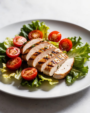 AI Generated. Delicious Grilled Chicken Salad with Cherry Tomatoes and Fresh Lettuceの素材