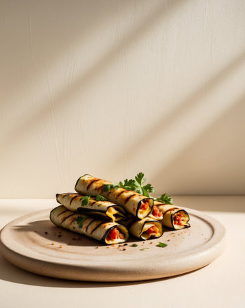 AI Generated. Delicious grilled eggplant rolls stuffed with cheese and herbs ready to serve at a summer gatheringの素材