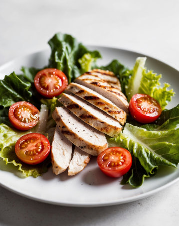 AI Generated. Delicious Grilled Chicken Salad with Cherry Tomatoes and Fresh Lettuceの素材