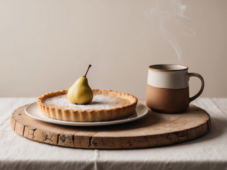 AI Generated. Delicious Homemade Pear Tart with Warm Beverage on Rustic Wooden Tableの素材