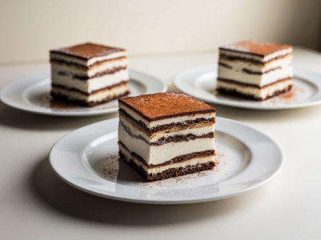 AI Generated. Delicious Homemade Tiramisu Dessert Squares on Platesの素材