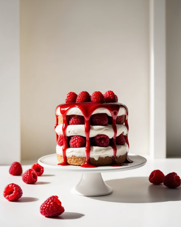 AI Generated. Delicious Layered Raspberry Dessert with Glossy Glazeの素材