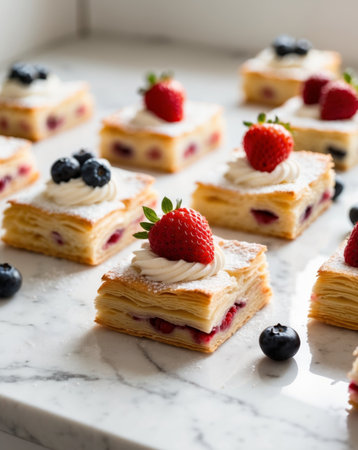 AI Generated. Delicious Pastry Squares with Cream and Berriesの素材