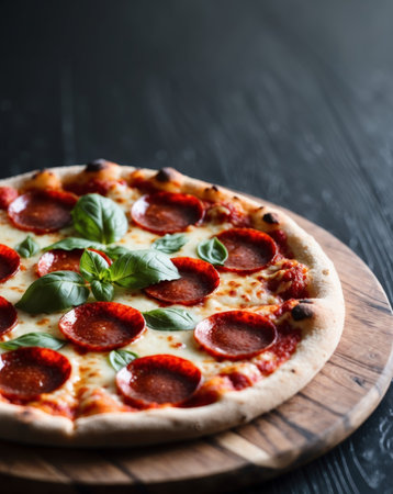 AI Generated. Delicious Pepperoni Pizza with Fresh Basil on a Dark Wooden Surfaceの素材