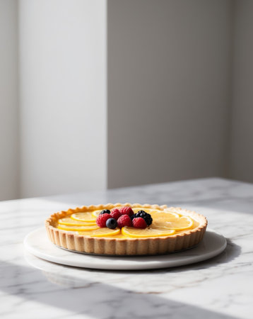 AI Generated. Delicious Lemon Tart with Berry Garnish on Marble Surfaceの素材