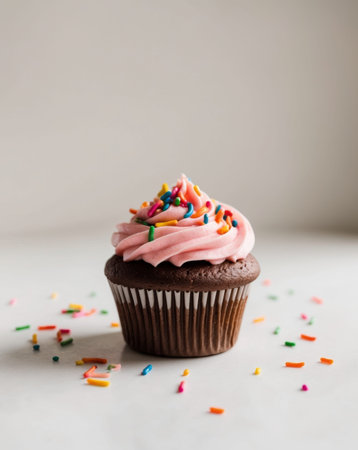 AI Generated. Delicious Pink Frosting Chocolate Cupcake with Sprinklesの素材