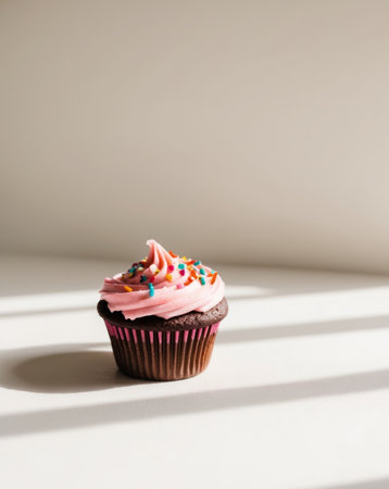 AI Generated. Delicious Pink Frosted Chocolate Cupcake with Sprinklesの素材