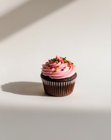 AI Generated. Delicious Pink Frosted Chocolate Cupcake with Sprinklesの素材